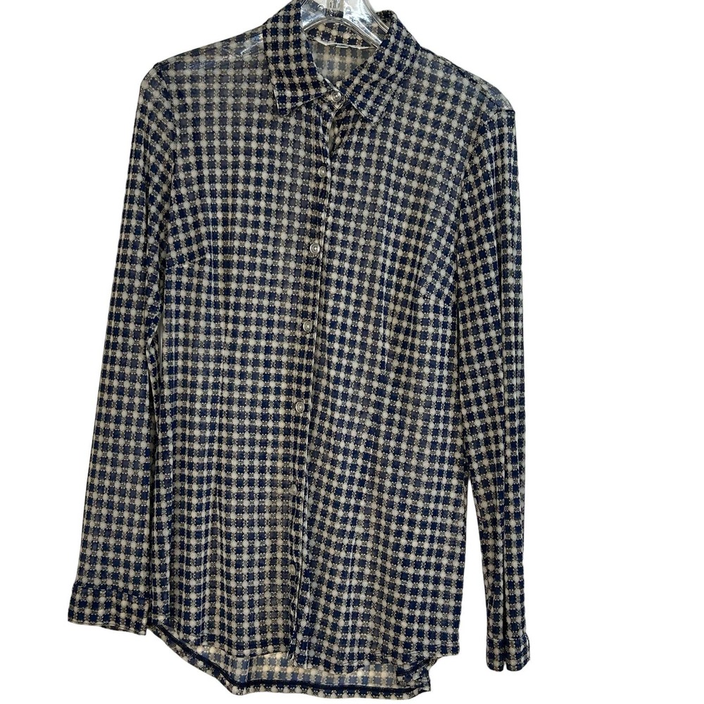 Cabi Navy sheer mesh print Style 736 long sleeve button down size Medium
